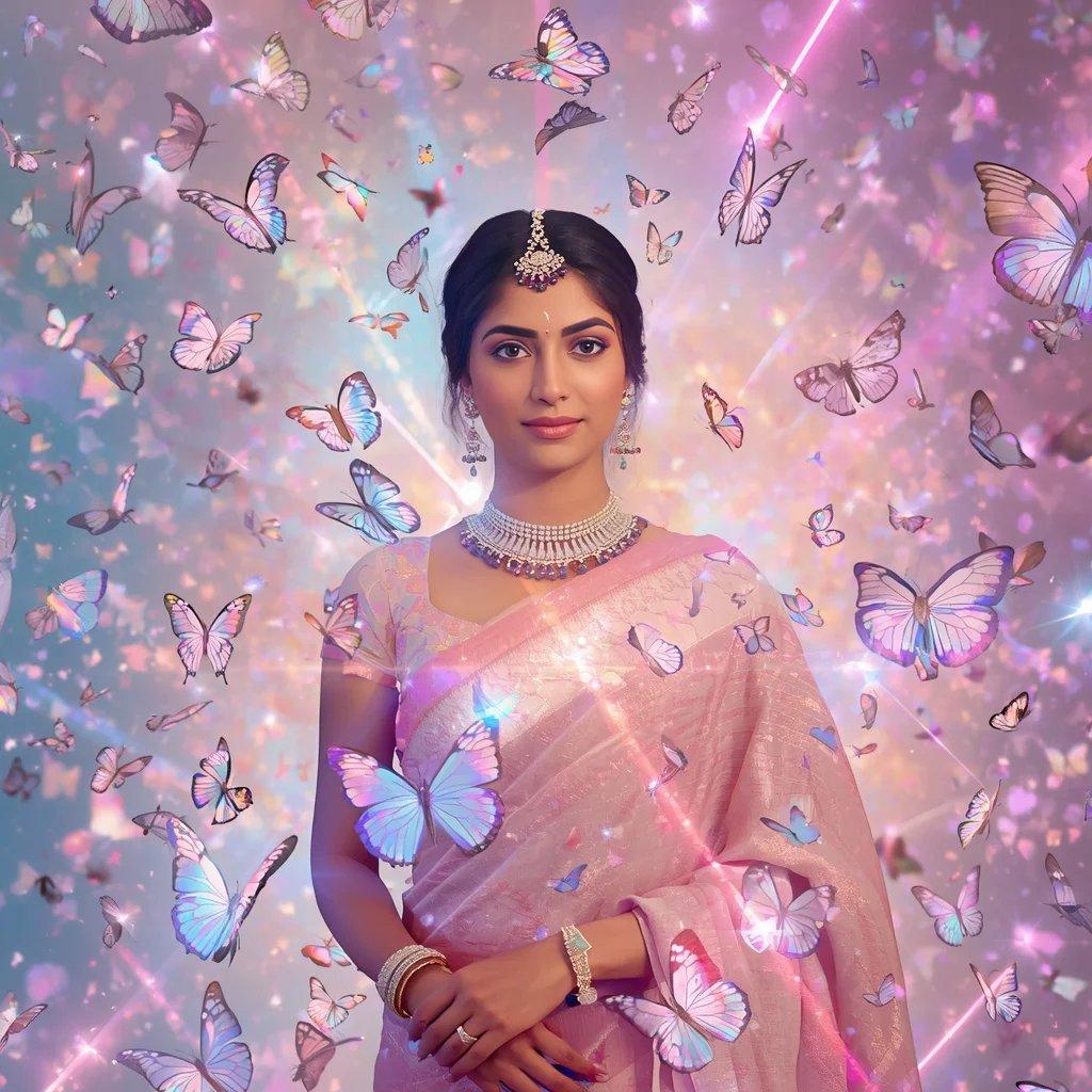 Festive Pastel Saree Prism Butterfly Galaxy Collage Premium | traditional saree prompt in english for wedding - Aesthetic Modern Girl Saree AI Prompts for Contemporary Fashion Shoots AI Prompt
