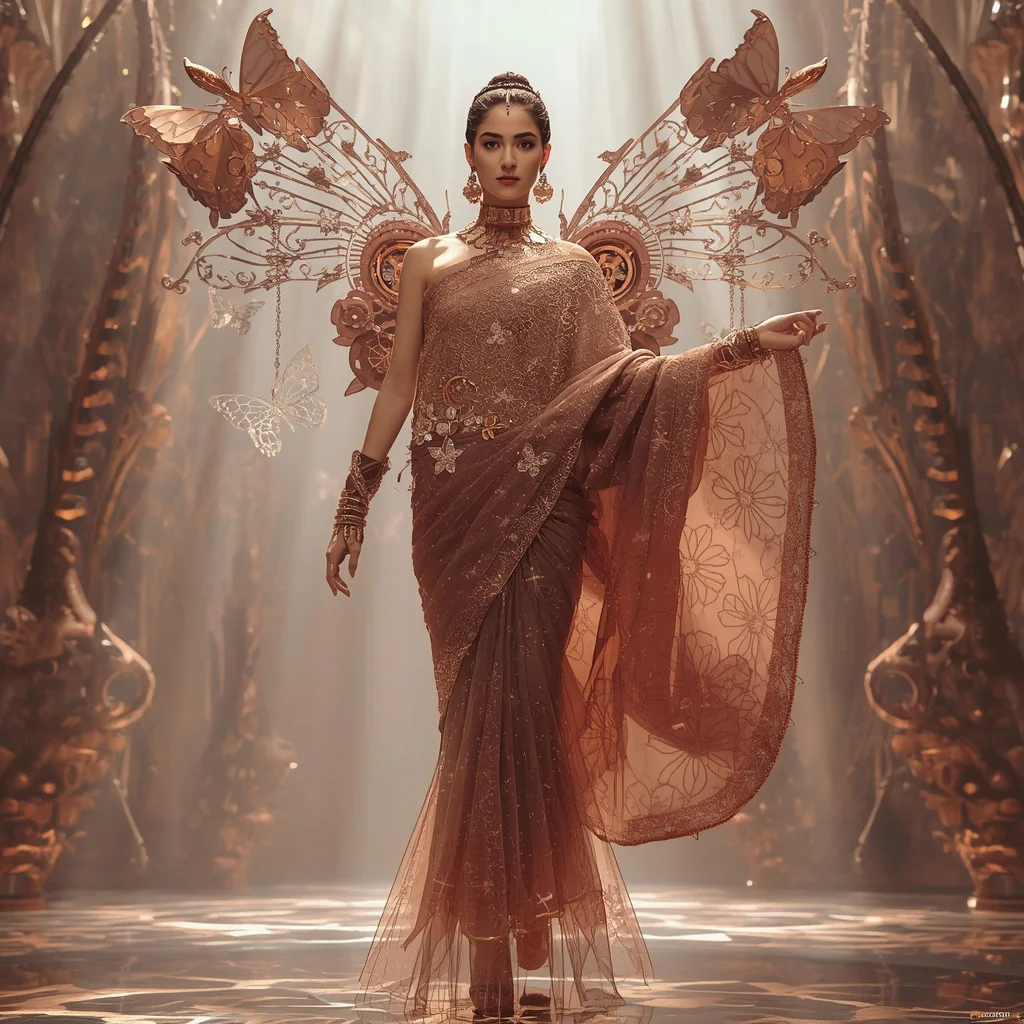 Floating Crystal Clockwork Butterfly Saree with Mechanical Bloom Kingdom | traditional prompt for gemini ai girl aesthetic - New 10 Casual Cotton Saree AI Prompts for Everyday Indian Lifestyle Photography AI Prompt