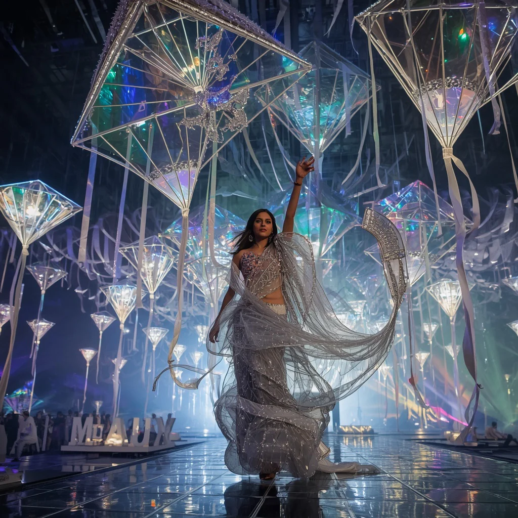 Floating Crystal Kite Couture Saree with Sky Festival Architecture | instagram prompt for girl in saree pic - Cute Child Saree AI Image Prompts for Playful Childhood Memories AI Prompt