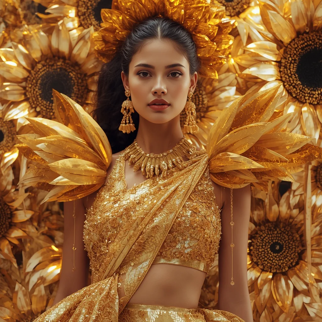 Floating Crystal Sunflower Palace Saree with Golden Bloom Megakingdom | new ai prompt chatgpt - New 10 Casual Cotton Saree AI Prompts for Everyday Indian Lifestyle Photography AI Prompt
