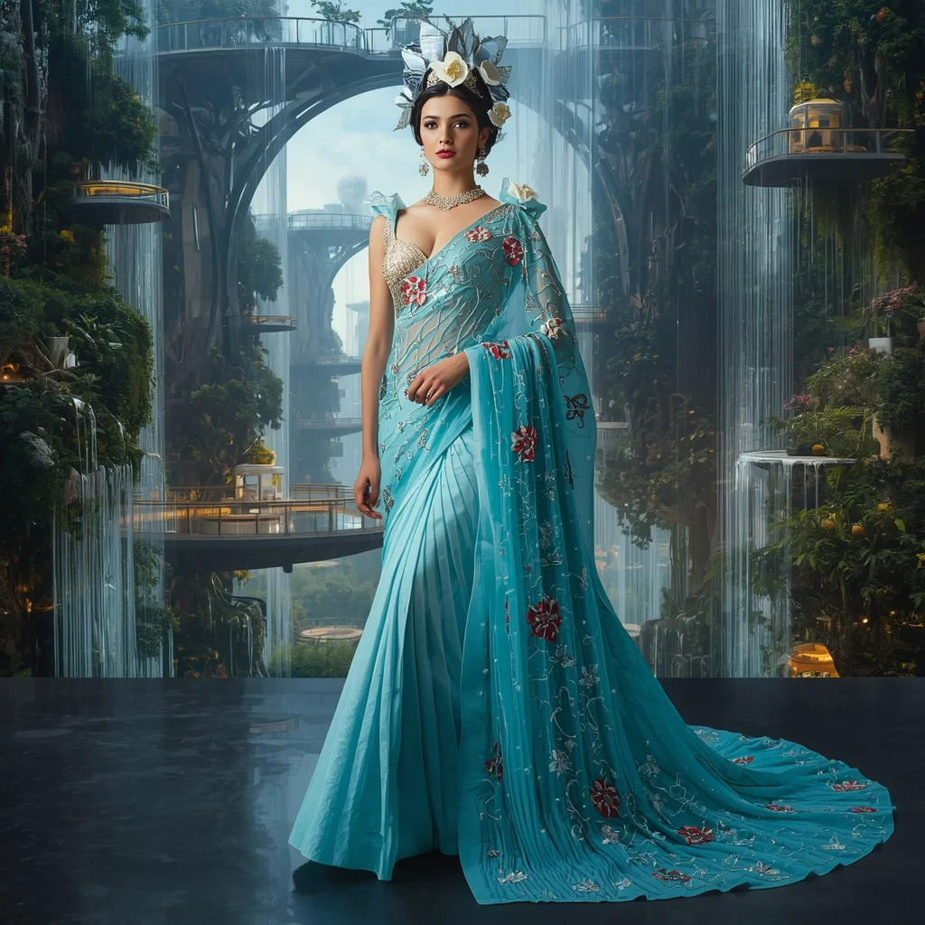 Floating Crystal Waterfall Crown Saree with Vertical Sky Garden Megacity | prompt for gemini girl in saree - Joyful Girl's Saree AI Prompts for Traditional Temple Festival Photography AI Prompt