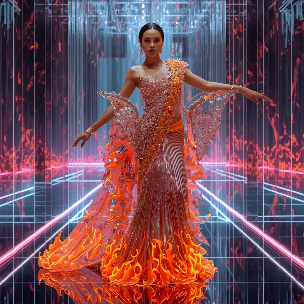 Futuristic Chrome Lightning Flame Saree Look with Infinity Neon Prism Cathedral Background | chatgpt photo editing prompts trending girl - Artistic Girl's Saree AI Prompts for Creative Conceptual Photography AI Prompt