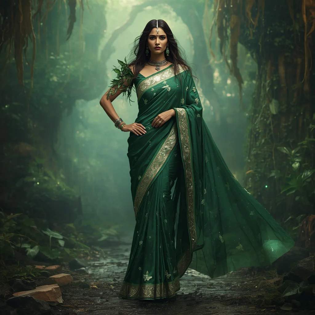 Futuristic Crystal Vine Quantum Ascendant Cosmic Saree Couture with Royal Goddess Pose and Floating Jungle Cosmos Background | chatgpt saree prompt instagram - Best 10 Traditional Bengali Saree AI Prompts for Cultural Festivities AI Prompt
