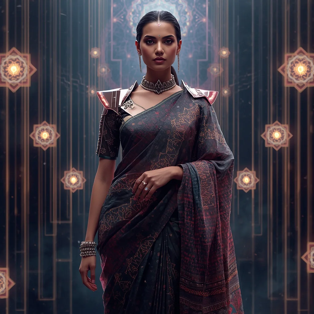 Futuristic Cyber Lotus Neural Singularity Core Saree Couture with Command Aura Pose and Sacred Data Galaxy Matrix Background | chatgpt photo editing prompts trending girl - Top 10 Glamorous Georgette Saree AI Prompts for Evening Party Attire AI Prompt
