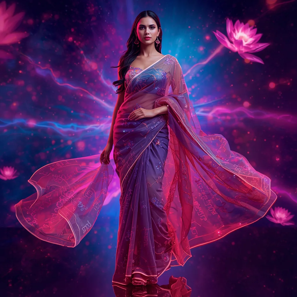 Futuristic Digital Lotus Hyper Motion Quantum Galaxy Surge Saree Couture with Spin Pose and Neon Data Cosmos Background | new chat gpt prompt trend - Best 10 Traditional Bengali Saree AI Prompts for Cultural Festivities AI Prompt