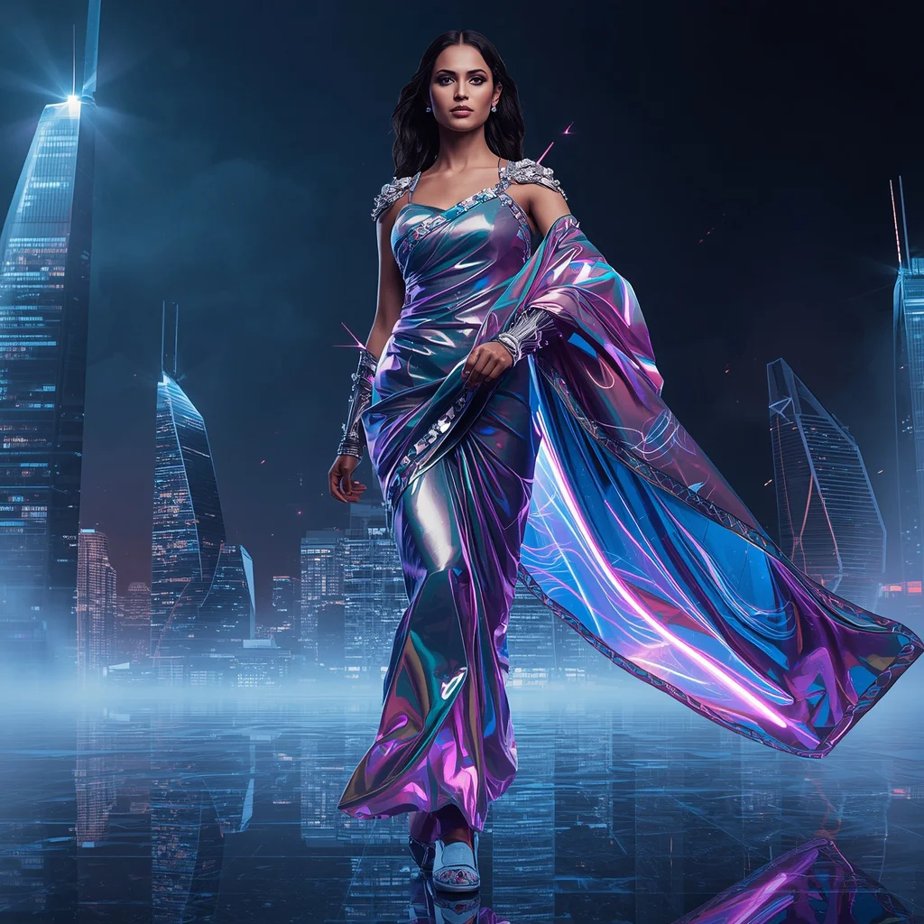Futuristic Mirror Plasma Blade Hyperstorm Infinity Saree Couture with Extreme Run Strike Pose and Cyber Megacity Void Skyline Background | prompt for saree look for girl - Best 10 Traditional Bengali Saree AI Prompts for Cultural Festivities AI Prompt