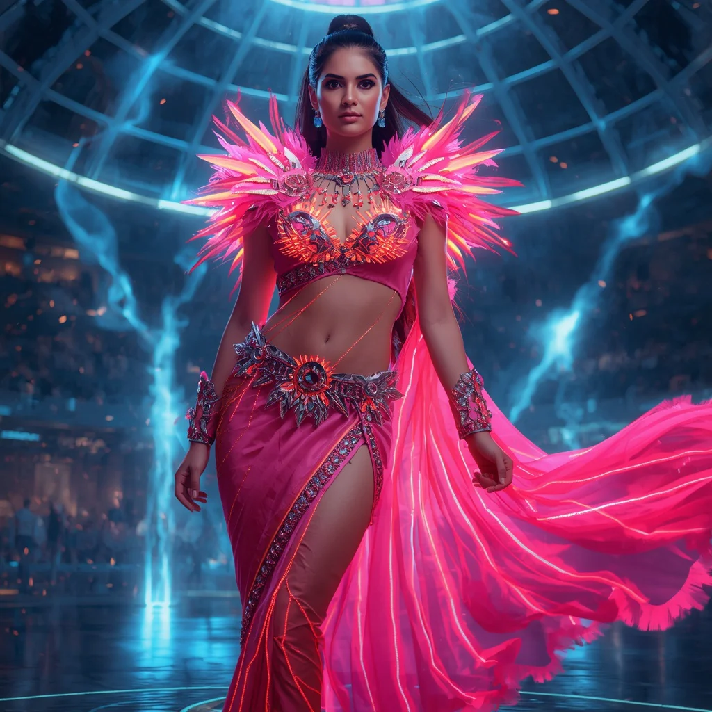Futuristic Neon Feather Blade Storm Hyper Dominion Combat Saree Couture with Action Burst Pose and Cyber Arena Dome Background | prompt for gemini ai girl modern saree in english - Best 10 Traditional Bengali Saree AI Prompts for Cultural Festivities AI Prompt