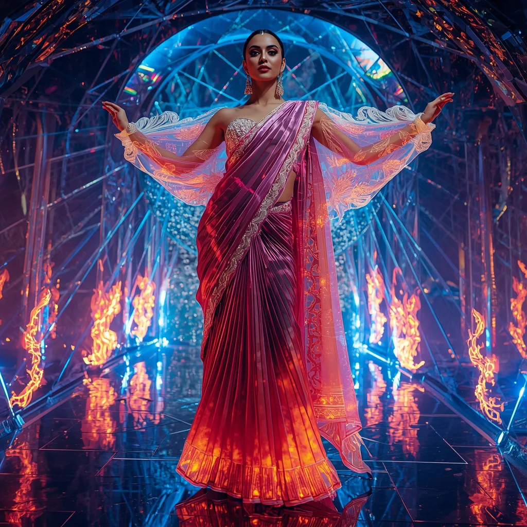 Futuristic Neon Prism Fire Saree Couture with Infinity Laser Crystal Dome Background | traditional saree prompt in english pdf - Cute Child Saree AI Image Prompts for Playful Childhood Memories AI Prompt