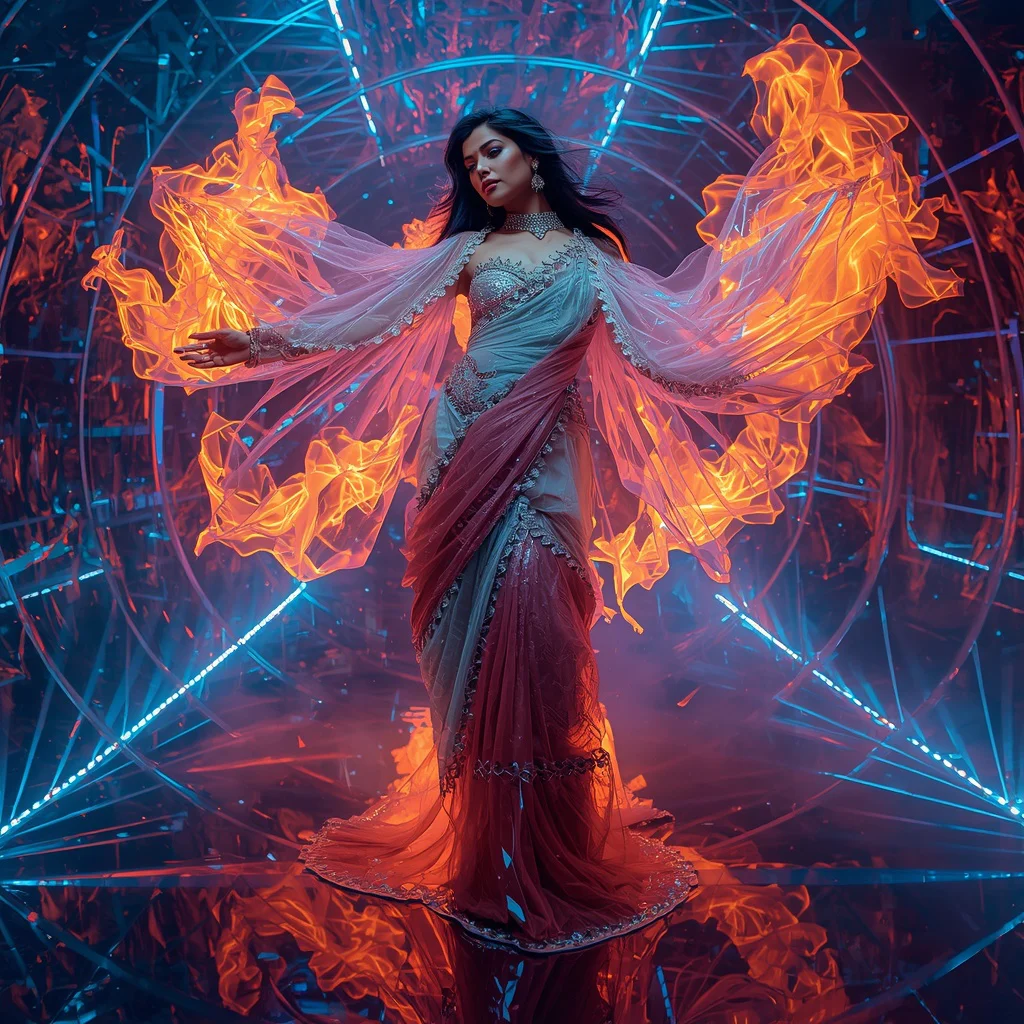 Futuristic Neon Prism Fire Saree Look with Infinity Laser Reflection Crystal Dome Background | indian traditional saree prompt for wedding - Artistic Girl's Saree AI Prompts for Creative Conceptual Photography AI Prompt