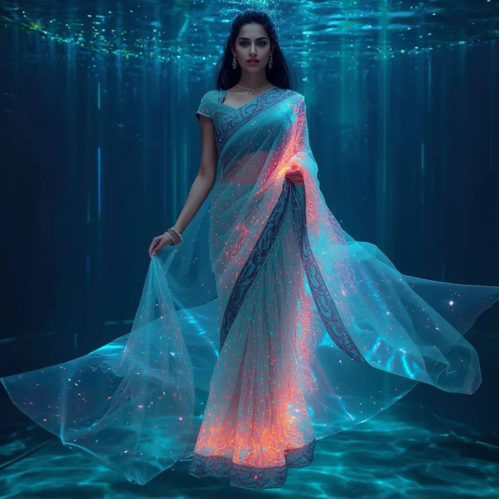 Futuristic Neon Water Plasma Quantum Surge Saree Couture with Floating Drift Pose and Digital Ocean Singularity Core Background | prompt for gemini girl style trending - Top 10 Glamorous Georgette Saree AI Prompts for Evening Party Attire AI Prompt