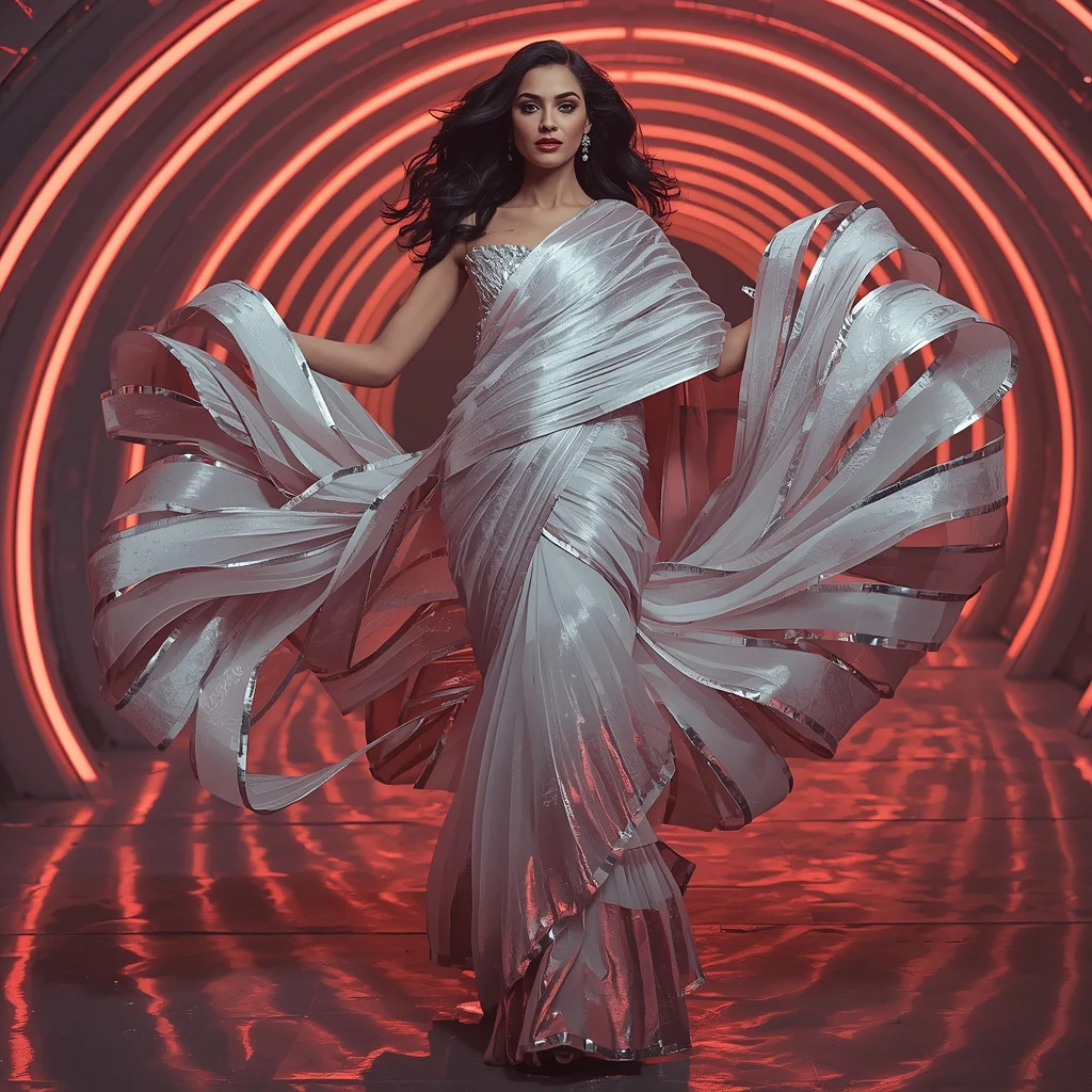 Futuristic Ribbon Wave Saree with Curved Neon Architecture | image prompt - Top 10 Traditional Handloom Saree AI Prompts for Authentic Cultural Portraiture AI Prompt