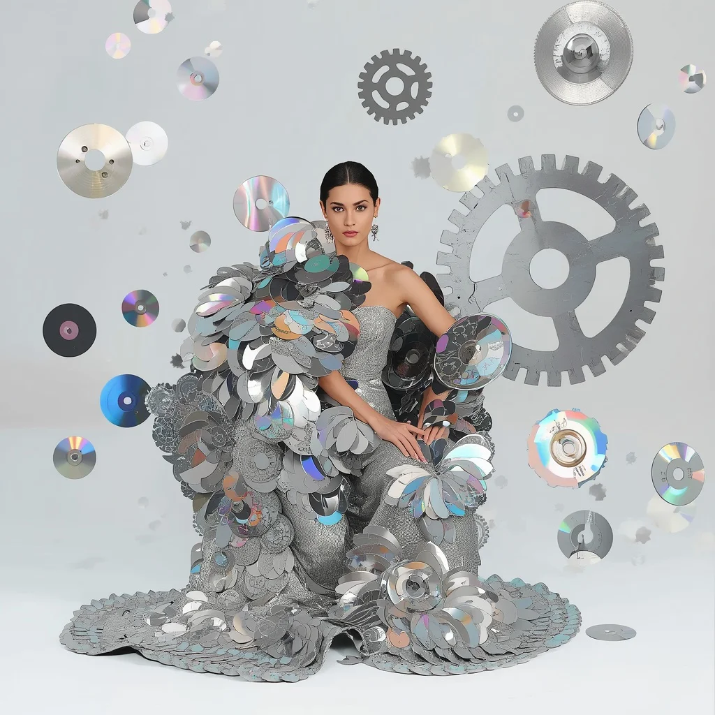 Giant CD-Sized Sequin Disc Armor Saree: Holographic Silver | The Grounded Palm-Strike Crouch Pose | Floating Metallic Gears | prompt for ai image editing - Best 10 South Indian Silk Saree AI Prompts for Grand Wedding Photography AI Prompt