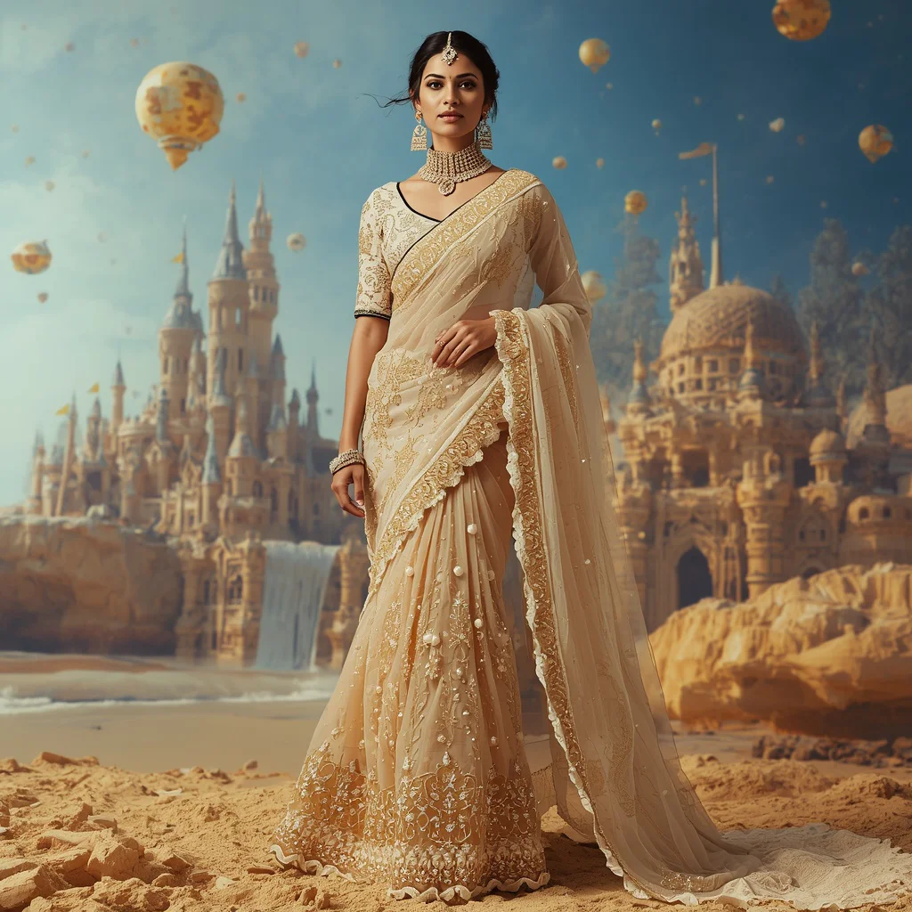 Giant Crystal Sand Castle Saree With Ocean Mirage Kingdom Background | gemini ai purple saree prompt - Top 10 Vintage Charm Saree AI Prompts for Retro Indian Glamour Portraits AI Prompt