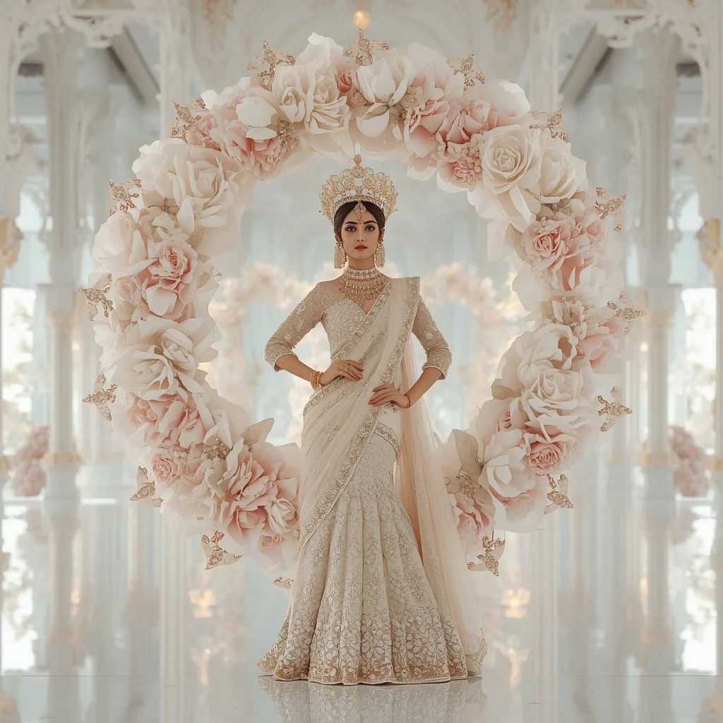 Giant Floral Halo Saree with White Dream Palace | cute prompt for girls in saree in english - Top 10 Traditional Handloom Saree AI Prompts for Authentic Cultural Portraiture AI Prompt