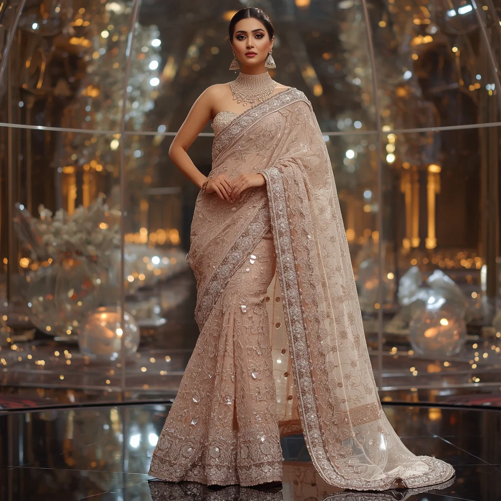 Giant Jewel Cascade Saree with Crystal Reflection Dome | ai prompt text to image - Best 10 South Indian Silk Saree AI Prompts for Grand Wedding Photography AI Prompt