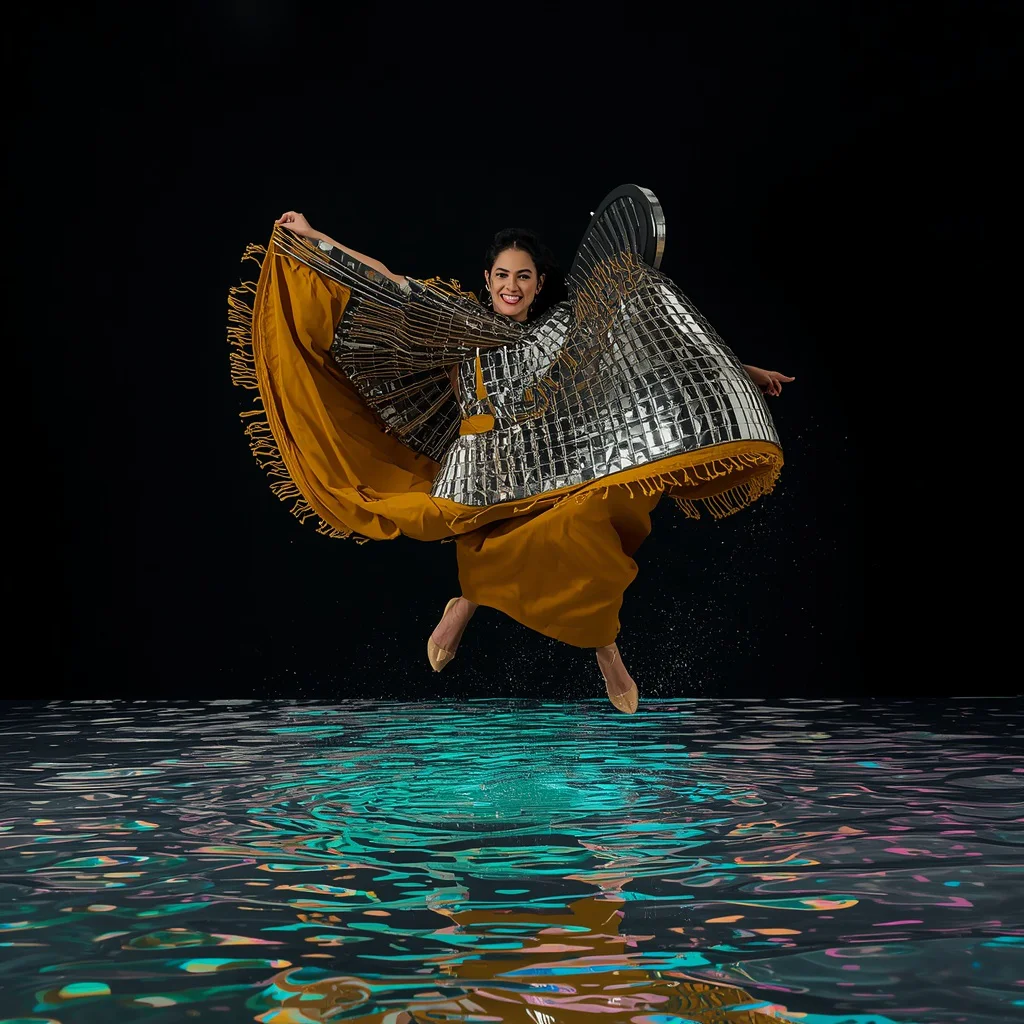 Giant Mirror Mosaic & Mustard Yellow Georgette Saree | Mid-Air Violent Fabric Snap Pose | Iridescent Water Ripples | new photo trend on instagram prompt - Whimsical Child Saree AI Prompts for Playful Outdoor Photography AI Prompt