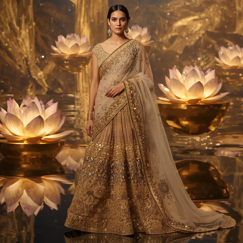Golden Lotus Throne Saree with Floating Jewel Palace Lakes | saree whatsapp dp ai prompt - Vibrant Girl's Half Saree AI Image Prompts for South Indian Festivities AI Prompt