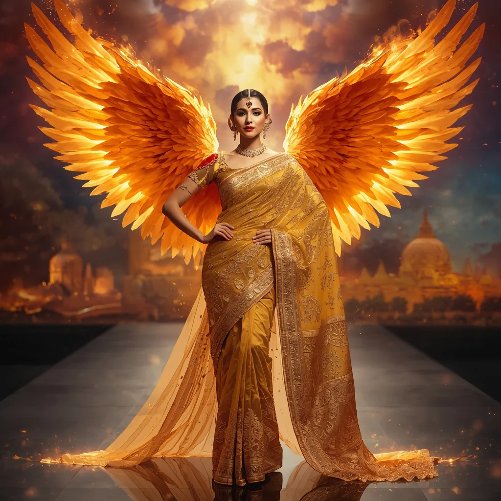 Golden Phoenix Ember Starflare Ascension Saree with Floating Cosmic Fire Empire Runway Scene | image prompt - Candid Girl's Saree AI Prompts for Authentic Cultural Moments AI Prompt