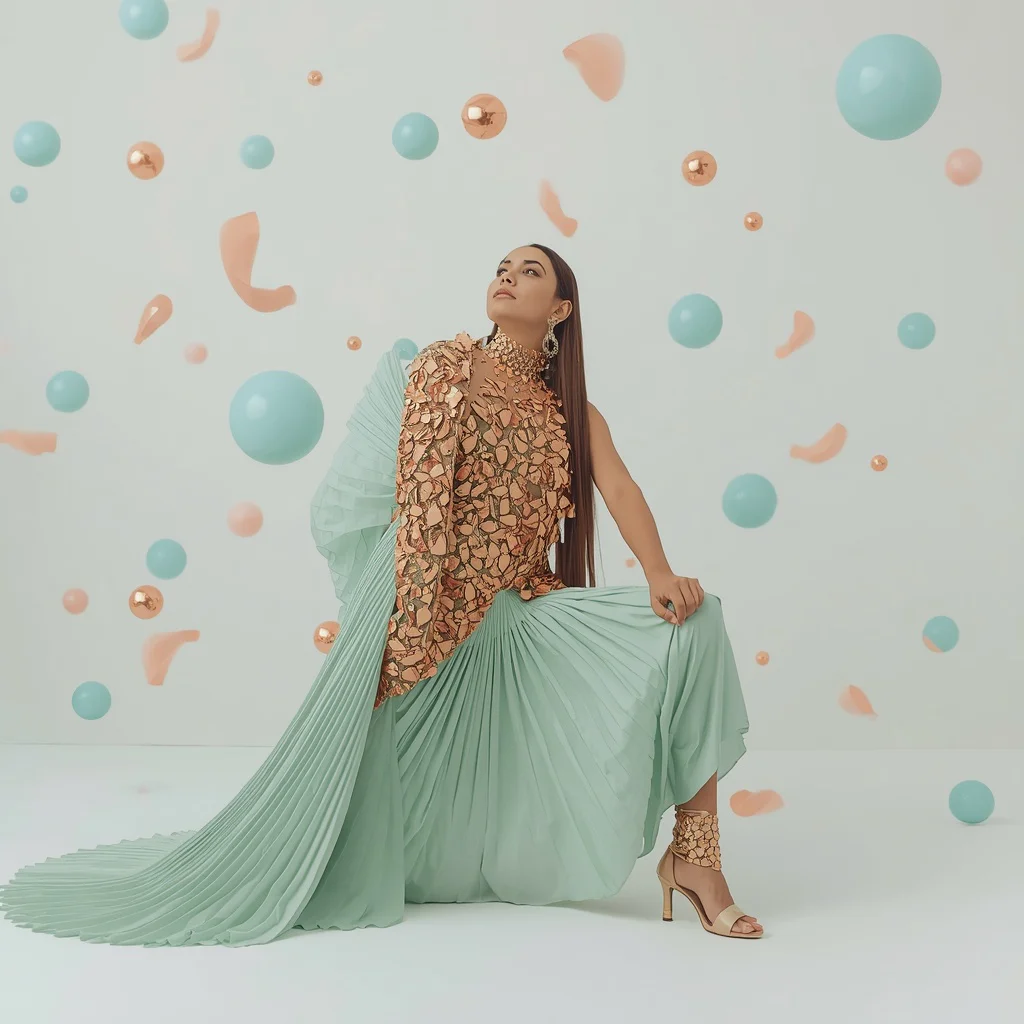 Heavy 3D Copper Shard & Dense Pyrite Ore Crust Pastel Mint Saree | Deep Lunge Floor Punch Pose | trending prompt copy paste instagram - Best 10 South Indian Silk Saree AI Prompts for Grand Wedding Photography AI Prompt