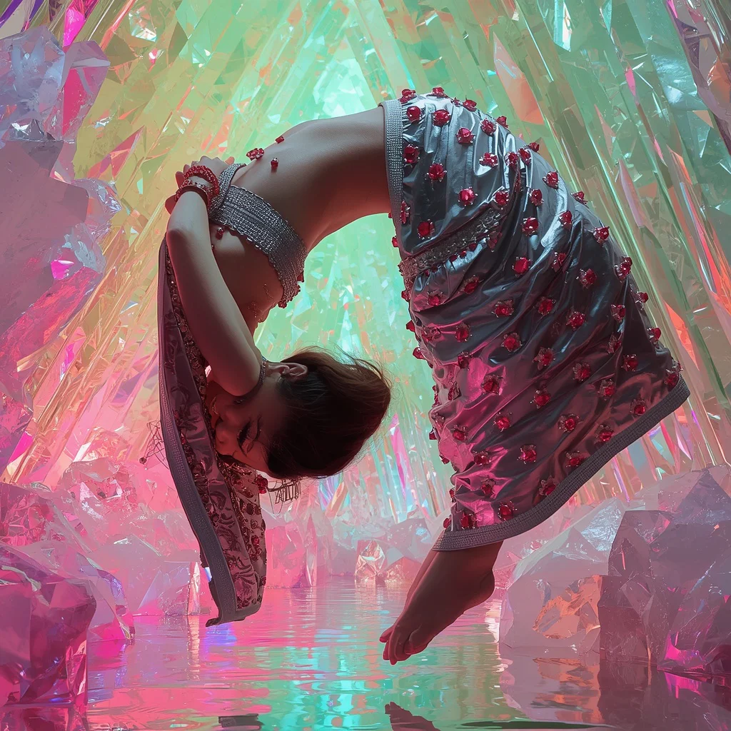 Heavy 3D Liquid Platinum & Ruby Encrusted Saree | Airborne Torso Arch Pose | Neon Crystal Cavern Background | 2026 chatgpt prompt - Whimsical Child Saree AI Prompts for Playful Outdoor Photography AI Prompt