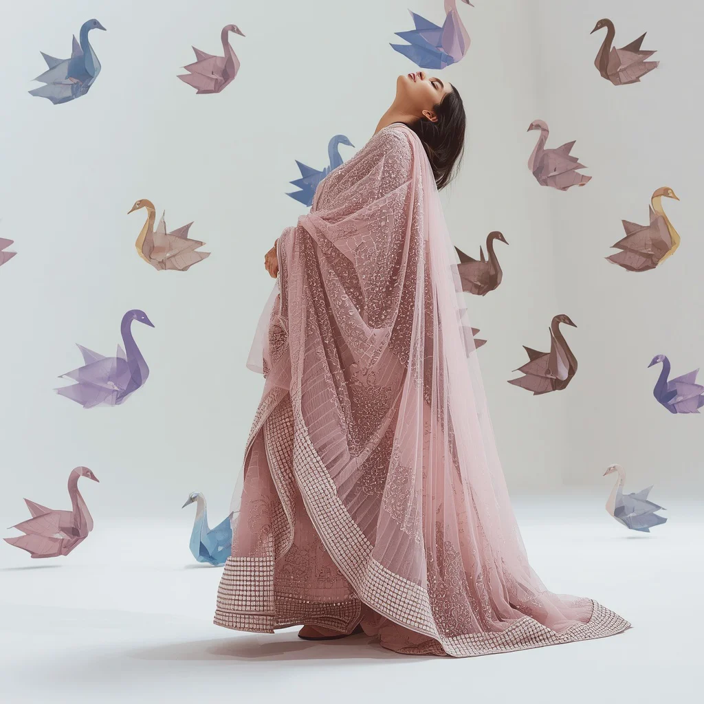 Heavy Rhinestone Mosaic & Blush Pink Tulle Saree | Backward Diagonal Fall Frame | Floating Neon Origami Swans | ai prompt examples - Whimsical Child Saree AI Prompts for Playful Outdoor Photography AI Prompt