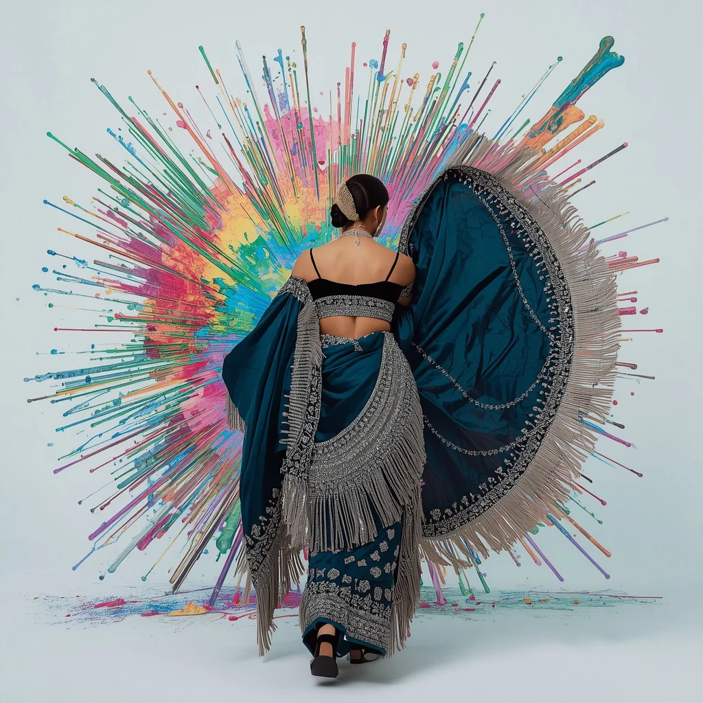 Heavy Zardosi Shield & Deep Teal Velvet Saree | Torso-Twisted Backwards Glare Pose | Frozen Digital Paint Explosion | gemini ai purple saree prompt - Vibrant Girl's Half Saree AI Image Prompts for South Indian Festivities AI Prompt