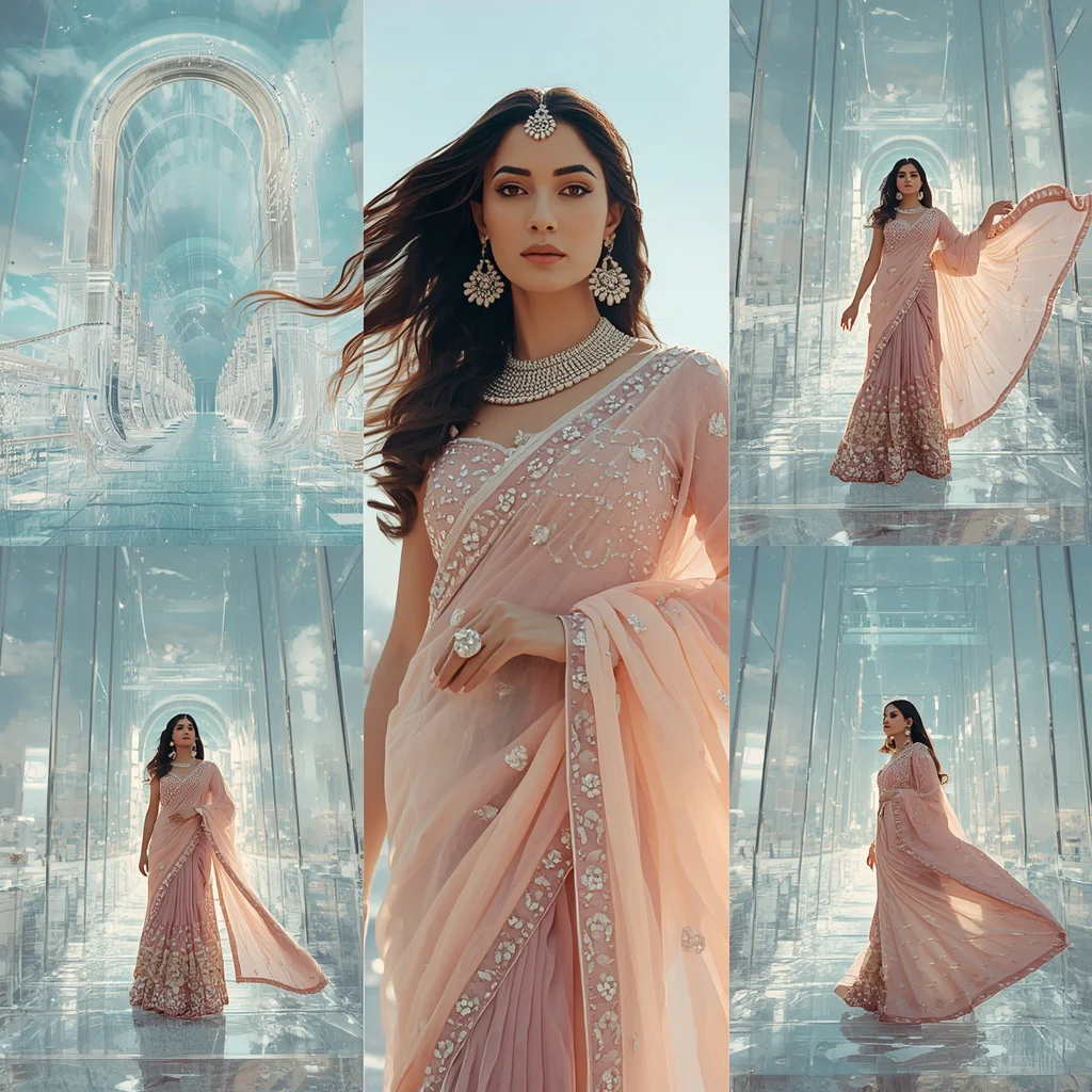 High Fashion Pastel Saree Luxury Giant Floating Crystal Wind Tunnel City Editorial Collage | prompt for gemini ai girl natural images - Top 10 Vintage Charm Saree AI Prompts for Retro Indian Glamour Portraits AI Prompt