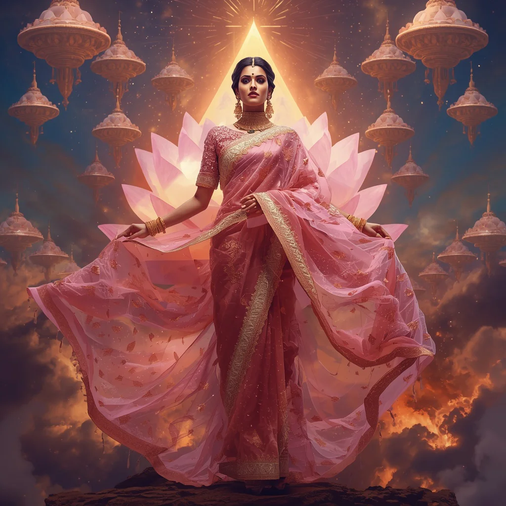 Hyper Crystal Lotus Nebula Divine Saree with Floating Sacred Galaxy Temple Cloud Empire Scene | best prompt for ai image generator free - Glamorous Black Saree AI Image Prompts for Bold Girl's Fashion AI Prompt