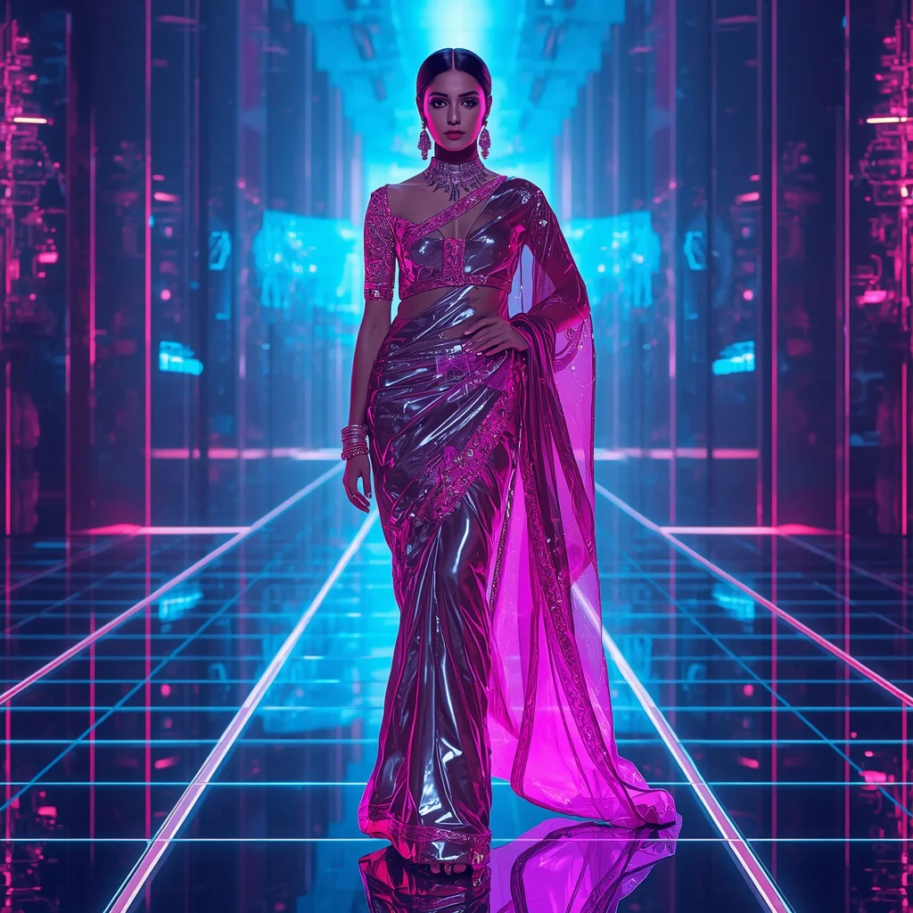Hyper Neon Mirror Infinity Cyber Empress Saree with Floating Digital Prism Metaverse Corridor Scene | gemini ai photo prompt trending 2026 - Candid Girl's Saree AI Prompts for Authentic Cultural Moments AI Prompt