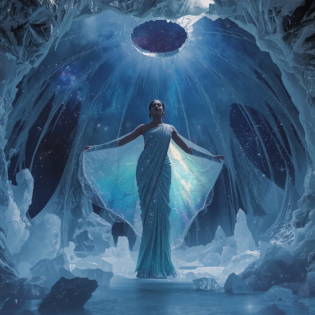 Ice Crystal Leviathan Seraph Saree with Frozen Aurora Galaxy Singularity Dome Collapse Realm | indian bride saree ai prompt - New 10 Designer Net Saree AI Prompts for Contemporary Fashion Campaigns AI Prompt