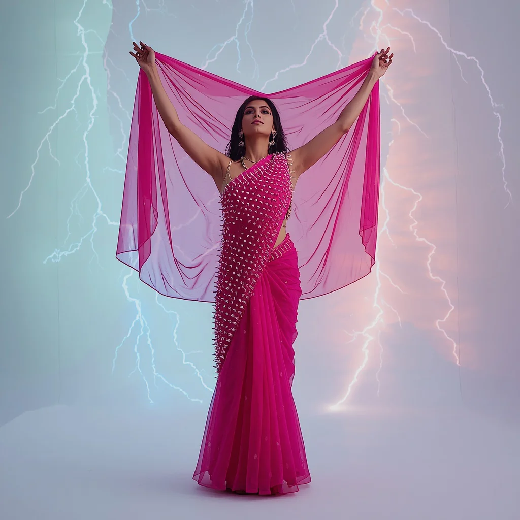 Laser-Cut Acrylic Spikes & Fuchsia Organza Saree | Symmetrical Overhead Fabric Stretch Pose | Fiber-Optic Lightning Storm | new instagram trend prompt for girl saree look copy and paste in english - Vibrant Girl's Half Saree AI Image Prompts for South Indian Festivities AI Prompt