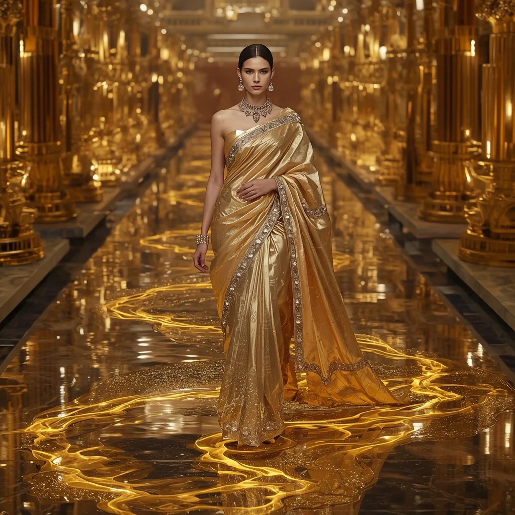 Liquid Gold River Saree with Floating Royal Canal Civilization | traditional saree prompt for chatgpt in english for girl - Best 10 Bridal Banarasi Saree AI Prompts for North Indian Wedding Elegance AI Prompt