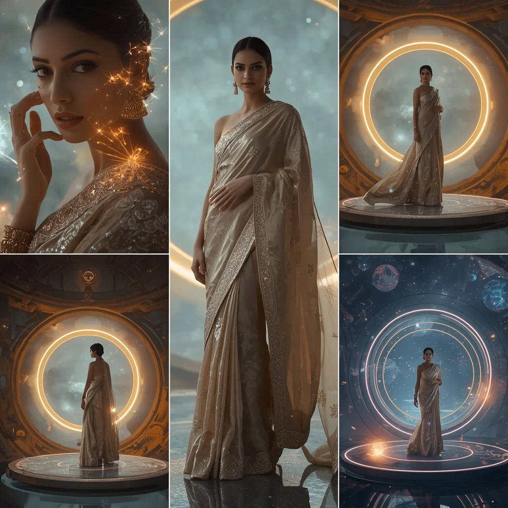 Luxury Cosmic Floating Time Portal Temple Saree Collage With Futuristic Dimension Fashion Scene | new instagram trend prompt for girl - Glamorous Black Saree AI Image Prompts for Bold Girl's Fashion AI Prompt