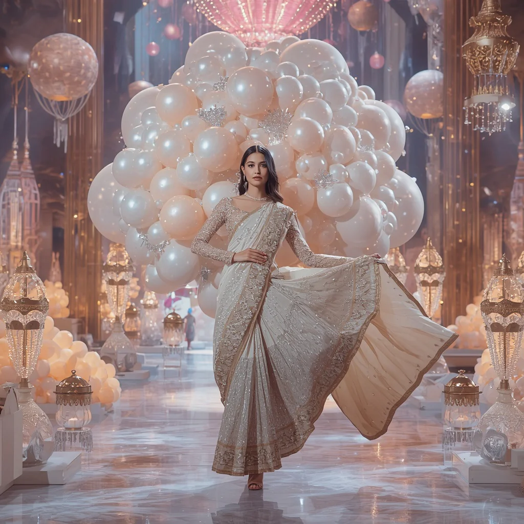 Luxury Crystal Dream Balloon Saree with Floating Fantasy Festival Kingdom | free prompt for girls college - Glamorous Black Saree AI Image Prompts for Bold Girl's Fashion AI Prompt