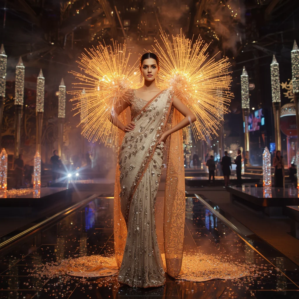 Luxury Crystal Firework Saree with Festival Night Crown Kingdom | new ai prompt girl download - Cute Child Saree AI Image Prompts for Playful Childhood Memories AI Prompt