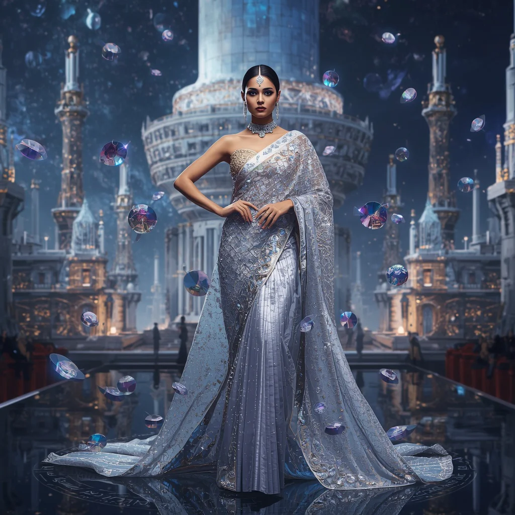 Luxury Crystal Satellite Swarm Saree with Orbit Command Citadel | gemini prompt trending - Top 10 Glamorous Georgette Saree AI Prompts for Evening Party Attire AI Prompt