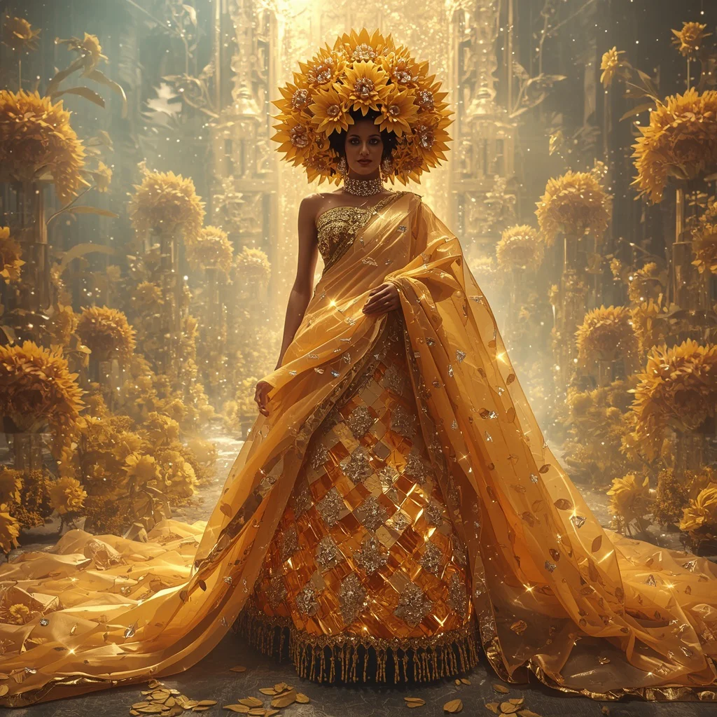 Luxury Crystal Sunflower Crown Saree with Golden Harvest Kingdom | ai image generator prompt text - Joyful Girl's Saree AI Prompts for Traditional Temple Festival Photography AI Prompt