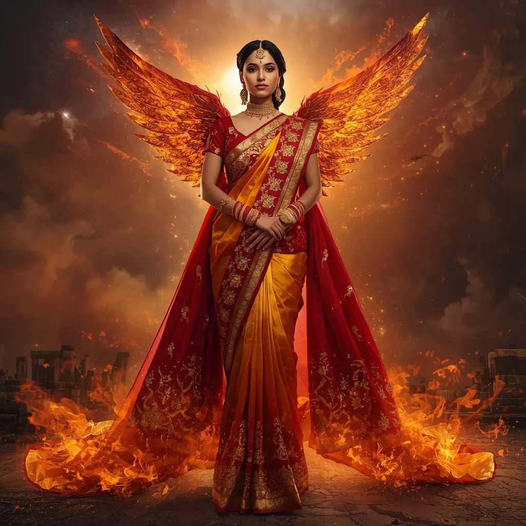 Luxury Ember Phoenix Supernova Ascension Flame Saree Couture with Cosmic Burst Pose and Burning Nebula Temple Background | instagram trending purple saree prompt - Top 10 Glamorous Georgette Saree AI Prompts for Evening Party Attire AI Prompt