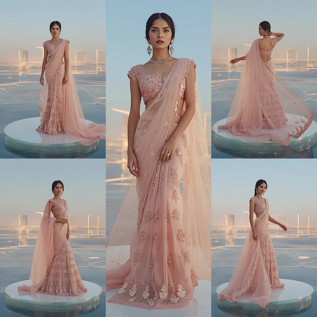 Luxury Festive Pastel Saree Grand Floating Glass Desert Mirage City Editorial Collage | saree pose ai prompt - Top 10 Vintage Charm Saree AI Prompts for Retro Indian Glamour Portraits AI Prompt