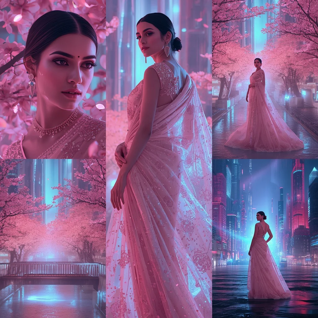 Luxury Floating Crystal Aurora Sakura River City Saree Collage With Neon Blossom Scene | prompt saree for girl - Glamorous Black Saree AI Image Prompts for Bold Girl's Fashion AI Prompt