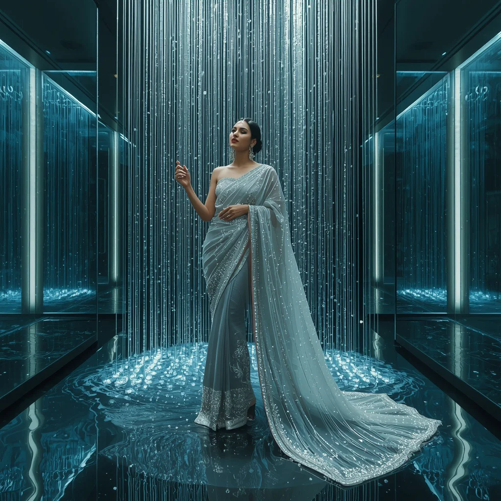 Luxury Floating Crystal Rain Curtain Saree With Ultra Modern Water Architecture Couture Design | chatgpt prompt - Best 10 Bridal Banarasi Saree AI Prompts for North Indian Wedding Elegance AI Prompt