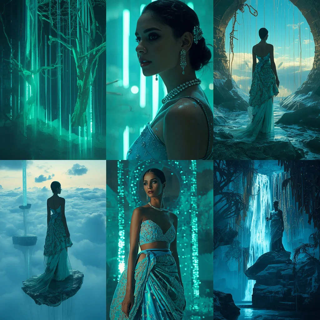 Luxury Floating Neon Crystal Rainforest Sky Empire Saree Collage With Futuristic Fashion Scene | prompt for gemini girl in saree - Glamorous Black Saree AI Image Prompts for Bold Girl's Fashion AI Prompt