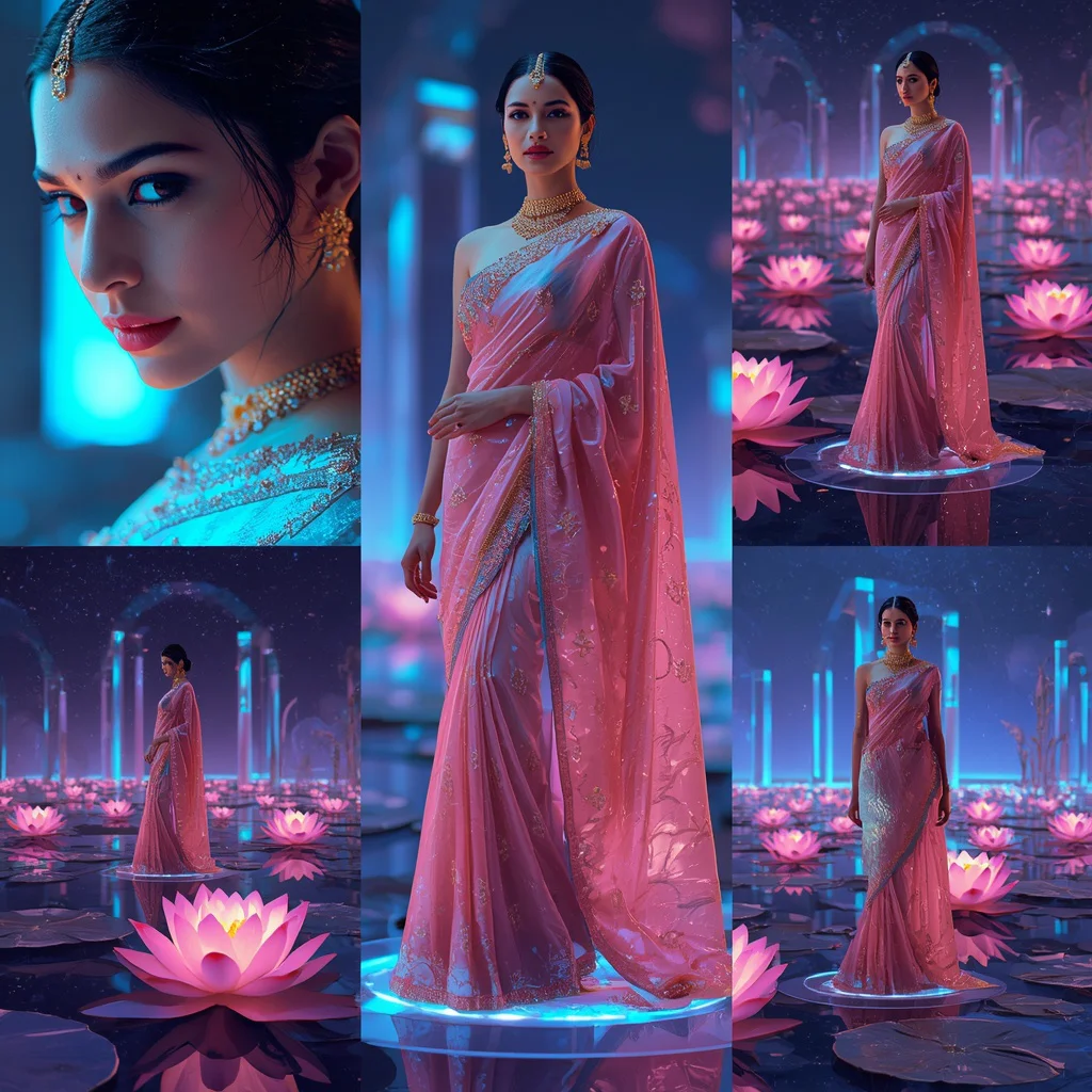 Luxury Floating Neon Cyber Lotus Galaxy Lake Saree Collage With Futuristic Water Scene | ai prompt text to image - Glamorous Black Saree AI Image Prompts for Bold Girl's Fashion AI Prompt