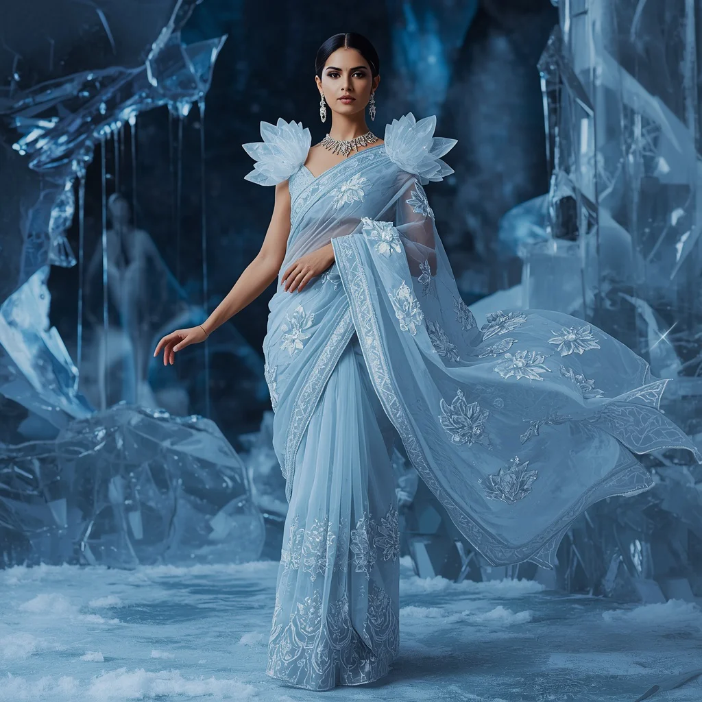 Luxury Frozen Chrono Crystal Lotus Empire Saree Couture with Eternal Still Queen Pose and Ice Fractured Space Dimension Background | trending saree prompt - Top 10 Glamorous Georgette Saree AI Prompts for Evening Party Attire AI Prompt