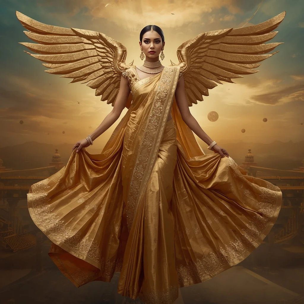 Luxury Golden Origami Wing Celestial Infinity Ascension Saree Couture with Floating Goddess Pose and Sky Temple Horizon Bridge Background | new prompt girl ai photo - Best 10 Traditional Bengali Saree AI Prompts for Cultural Festivities AI Prompt