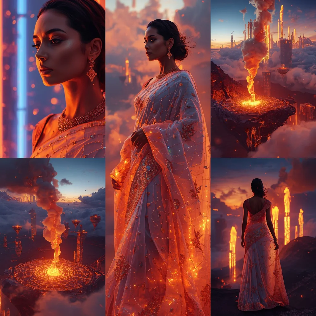 Luxury Neon Crystal Floating Volcano Sky City Saree Collage With Futuristic Lava Fashion Scene | prompt for ai image generator for professional photo - Glamorous Black Saree AI Image Prompts for Bold Girl's Fashion AI Prompt