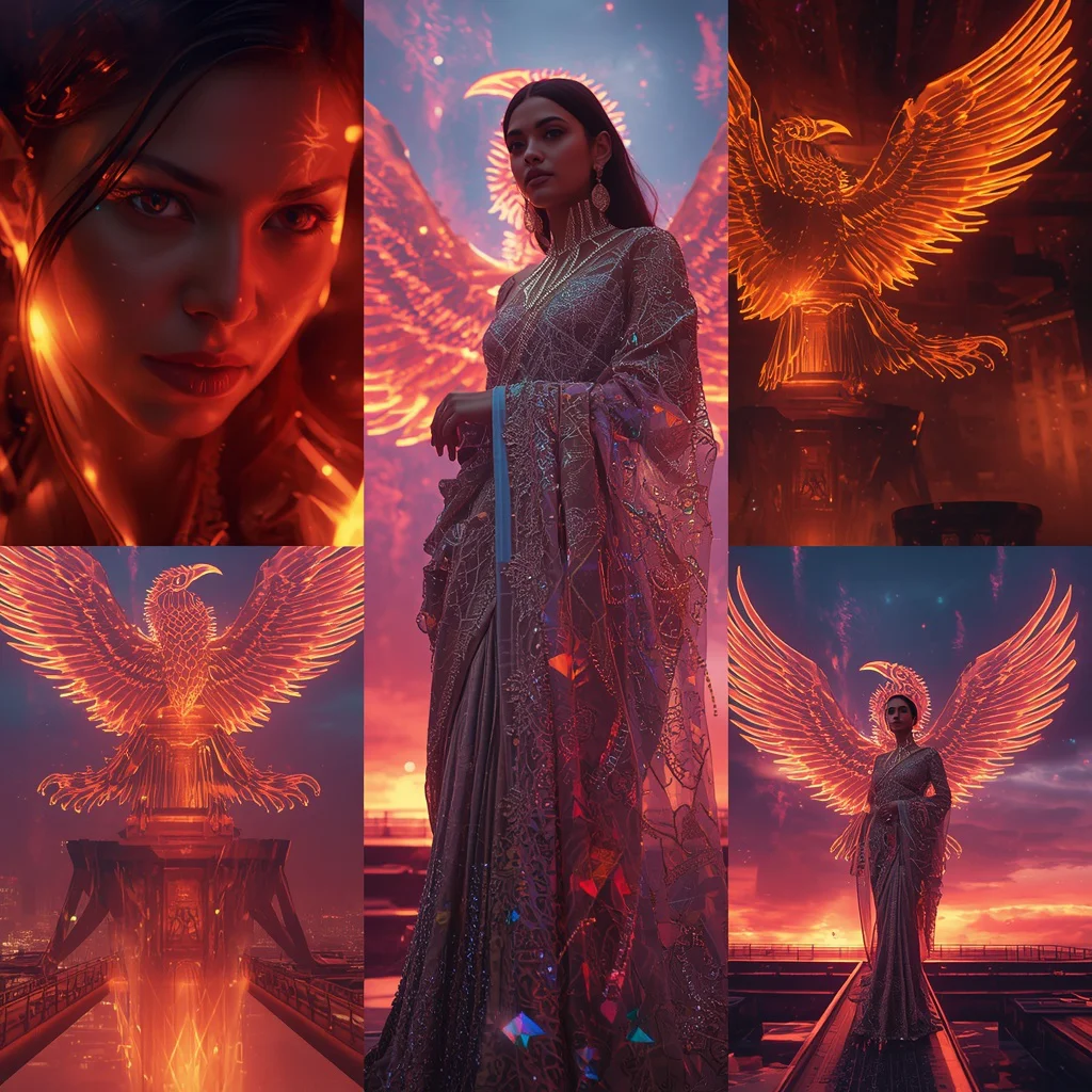 Luxury Neon Cyber Phoenix Sky Fortress Saree Collage With Futuristic Myth Fashion Scene | new ai prompt for image generation free - Glamorous Black Saree AI Image Prompts for Bold Girl's Fashion AI Prompt