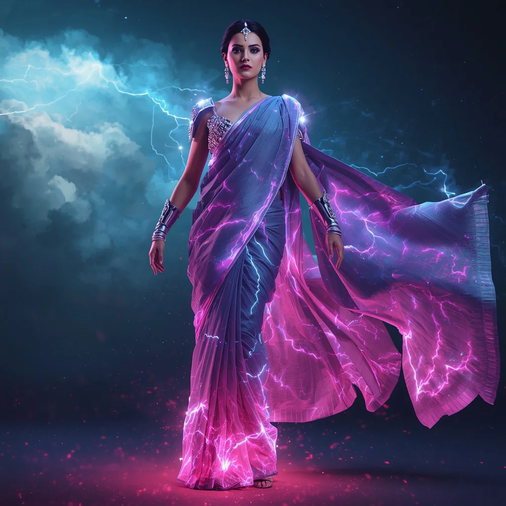 Luxury Neon Storm Quantum Lightning Dominion Sovereign Saree Couture with Power Energy Pose and Electric Sky Dominion Background | gemini ai purple saree prompt - Best 10 Traditional Bengali Saree AI Prompts for Cultural Festivities AI Prompt