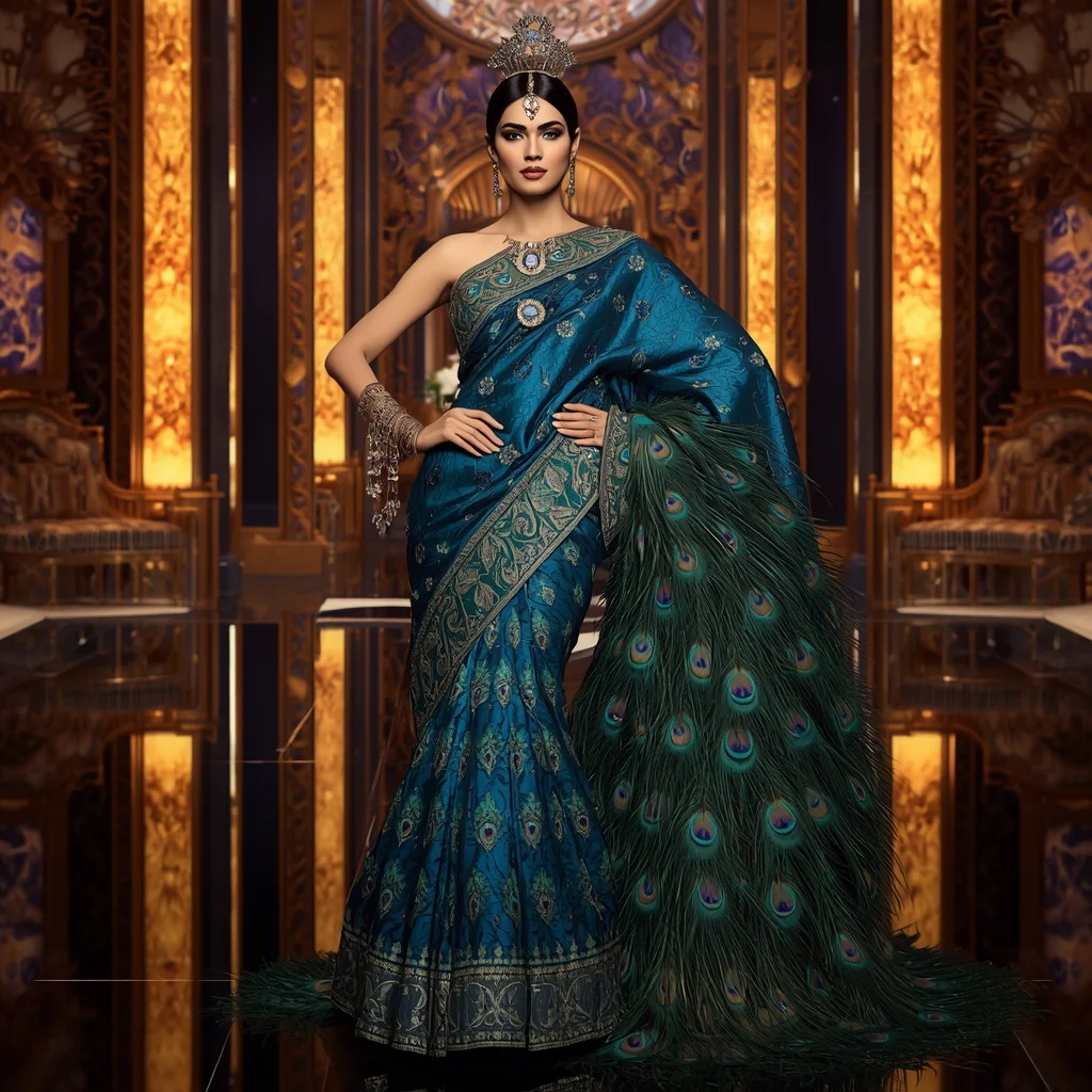 Luxury Peacock Crystal Saree with Royal Jewel Hall | ai prompt text to image - Top 10 Traditional Handloom Saree AI Prompts for Authentic Cultural Portraiture AI Prompt