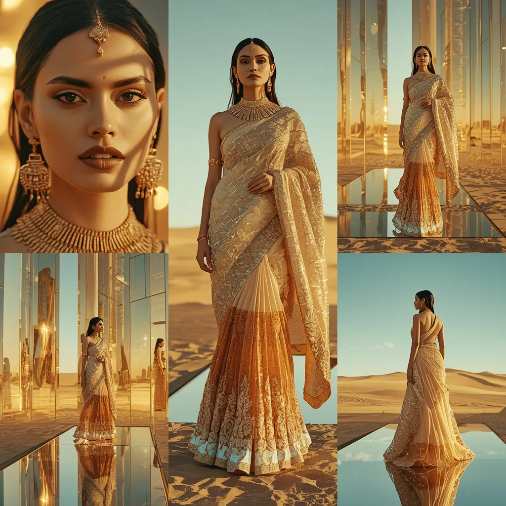 Luxury Quantum Mirror Sand Ocean City Saree Collage With Futuristic Reflection World Scene | aesthetic saree prompt - Glamorous Black Saree AI Image Prompts for Bold Girl's Fashion AI Prompt